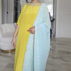 Elegant Yellow & Light Blue Kaftan with Embellished Neckline